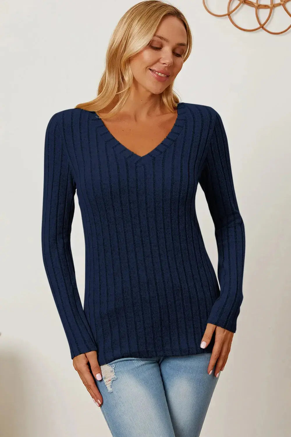 Basic Bae Full Size Ribbed V-Neck Long Sleeve T-Shirt - Love Salve